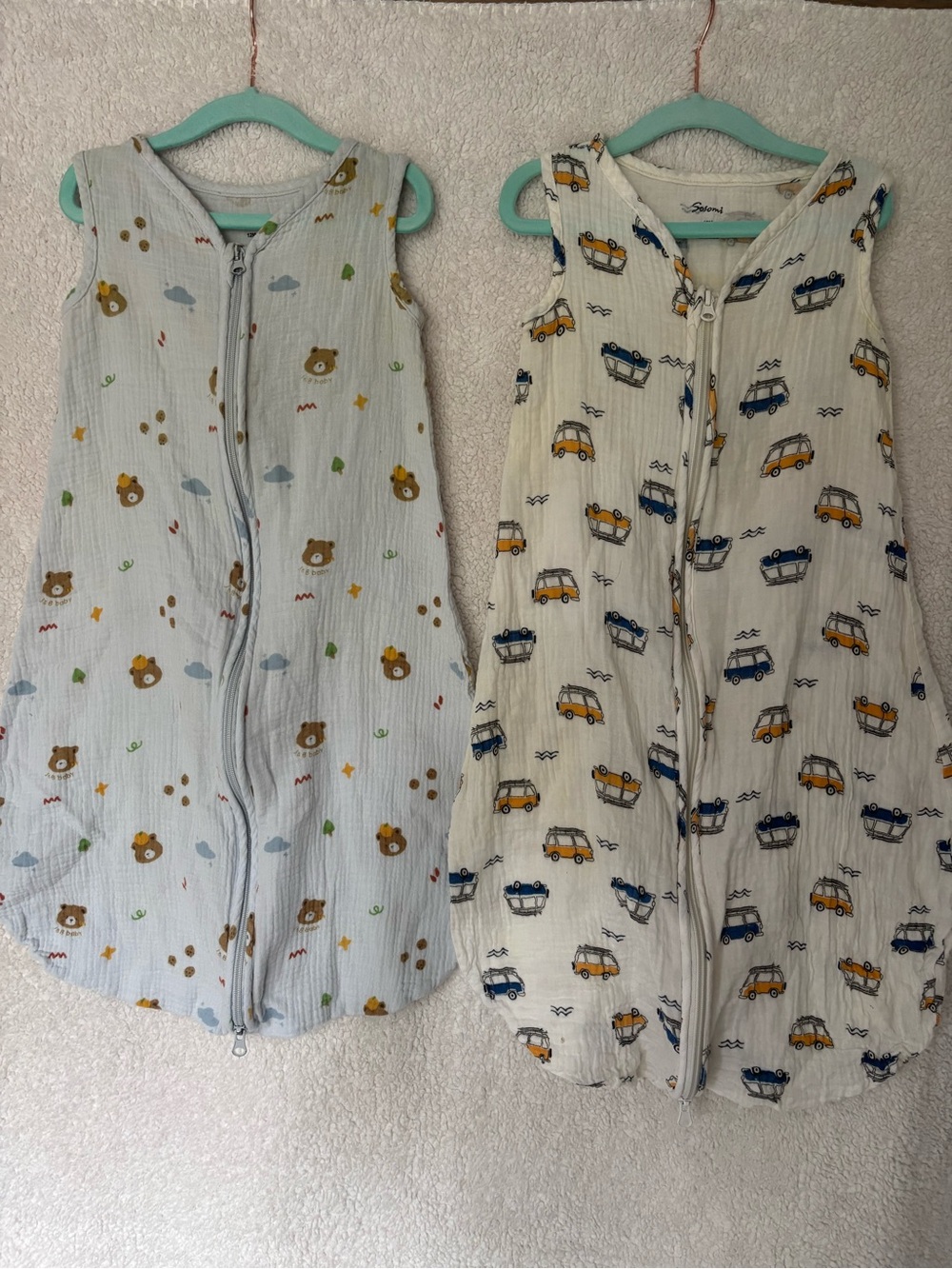 Sasomi Organic 100% Cotton Muslin Sleep Sacks Pumpkin Bear & Surf Wagon Cars 2-P